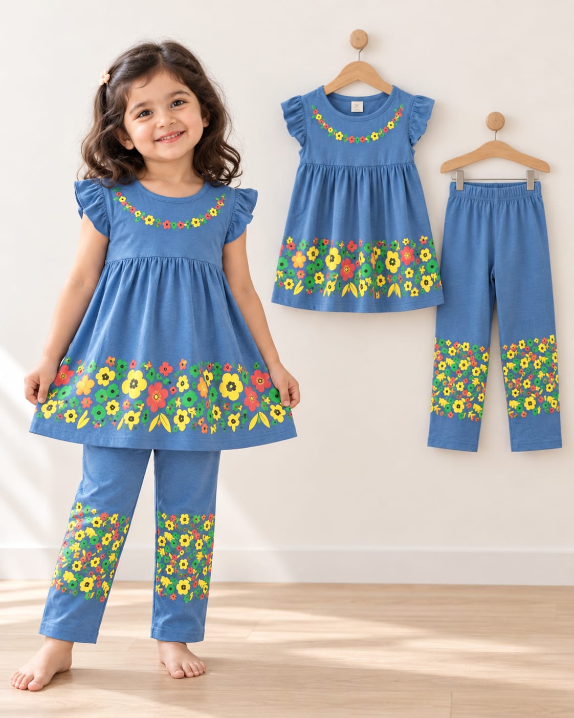 Girls Floral Embroidery Cotton Dress & Pant Set ( 1 Years - 12 Years )