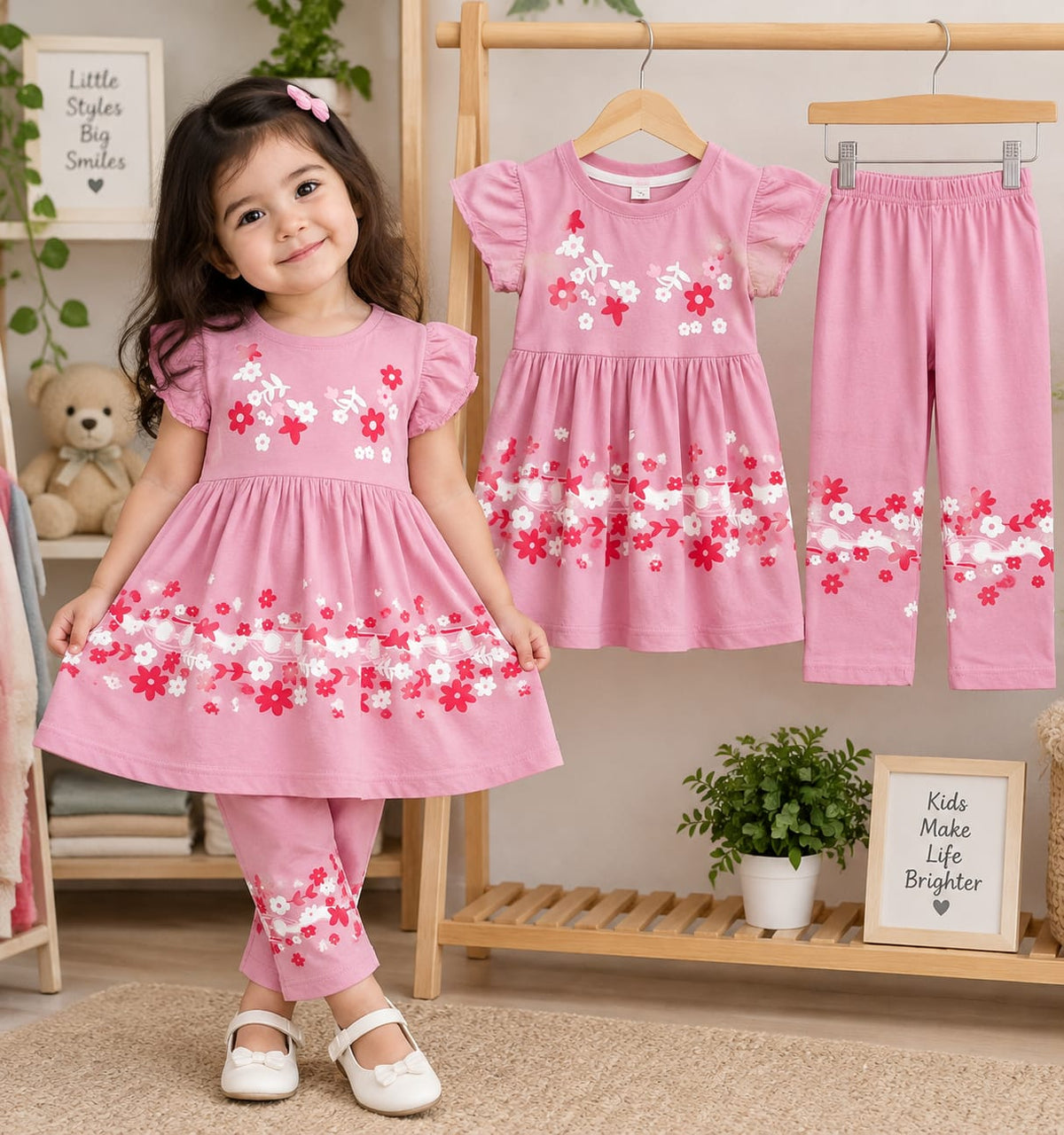Girls Floral Embroidery Cotton Dress & Pant Set ( 1 Years - 12 Years )