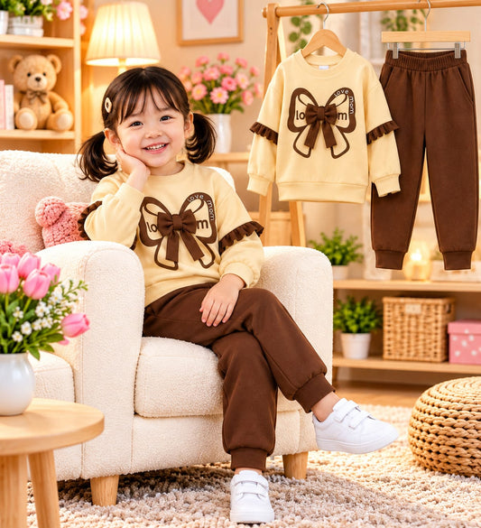 Cute Bow Printed Kids Sweatshirt & Jogger Set (1 Years - 8 Years)