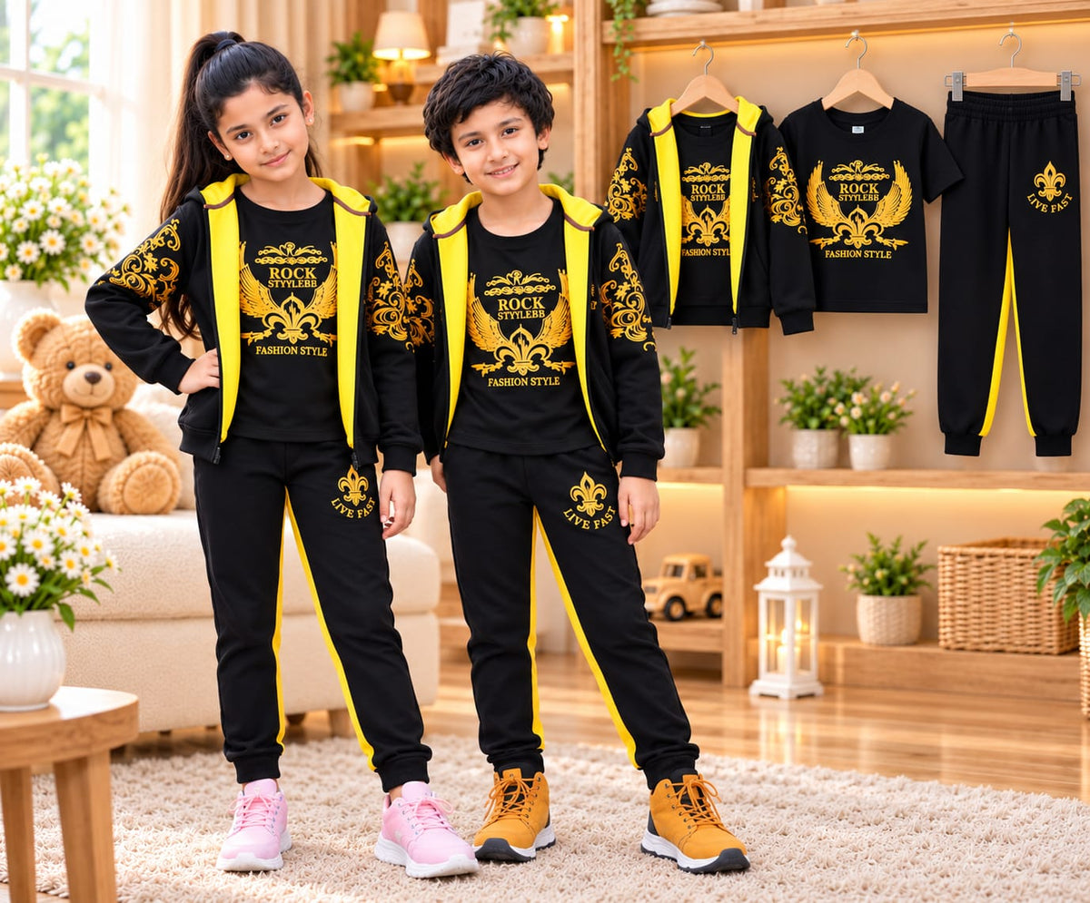 💛 Premium Black & Yellow Kids Tracksuit 3-Piece Hoodie Set ( 1 Years - 12 Years)
